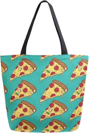 ALAZA Yellow Pizza Food Doodle Black Canvas Tote Bag Shopping Bag for Women Girls