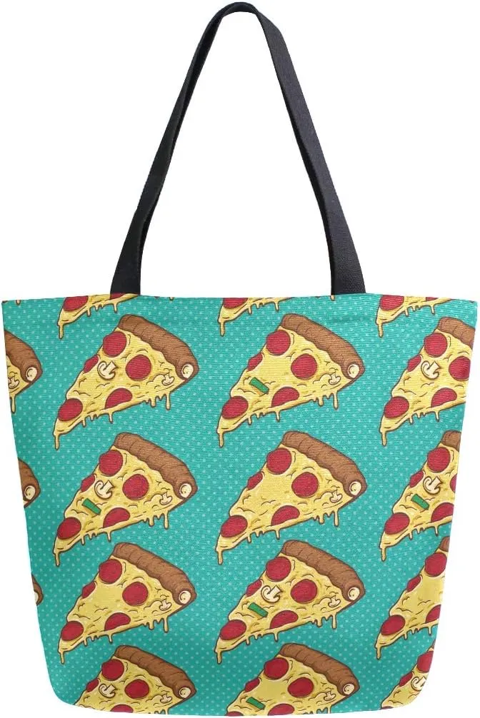 ALAZA Yellow Pizza Food Doodle Black Canvas Tote Bag Shopping Bag for Women Girls