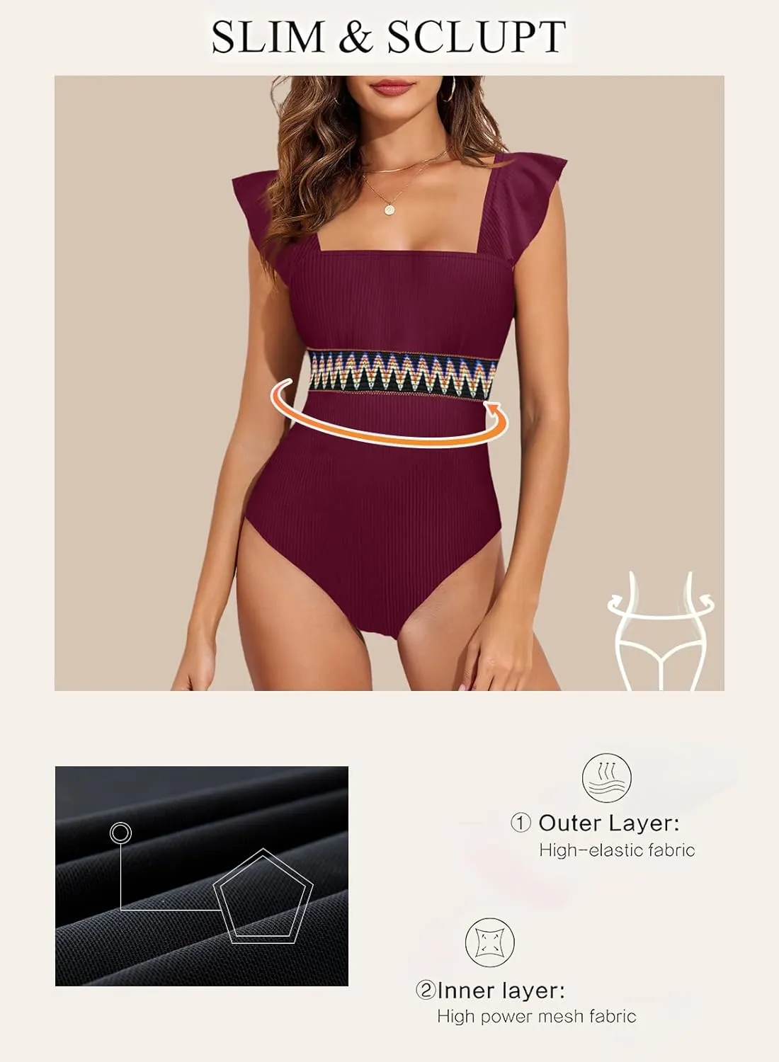 Aleumdr Women's One Piece Swimsuit Ruffle Tummy Control Bathing Suits Color Block Ribbed Swimwear