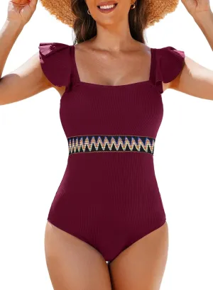 Aleumdr Women's One Piece Swimsuit Ruffle Tummy Control Bathing Suits Color Block Ribbed Swimwear