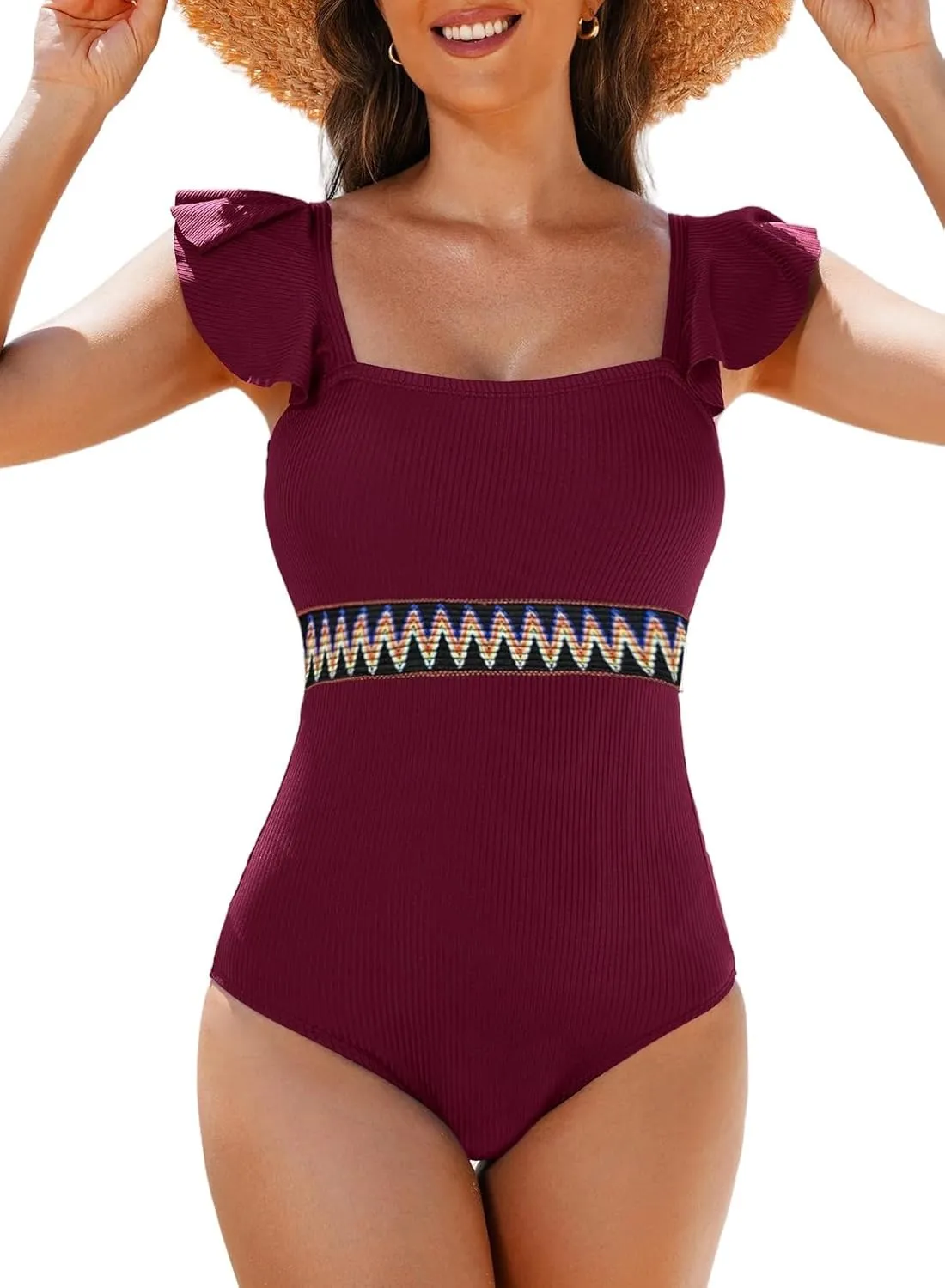 Aleumdr Women's One Piece Swimsuit Ruffle Tummy Control Bathing Suits Color Block Ribbed Swimwear