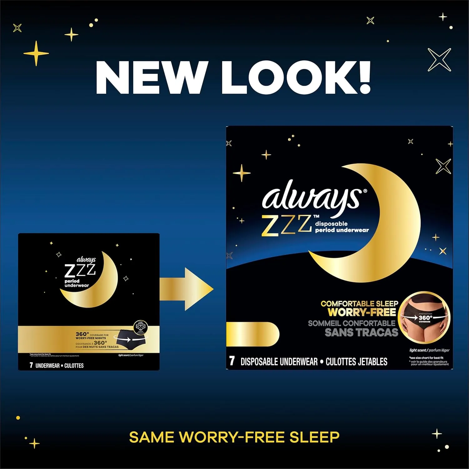 Always ZZZ Overnight Disposable Period Underwear for Women Sz L, 360° Coverage for Worry-Free Nights, 7 Count (Packaging May Vary)