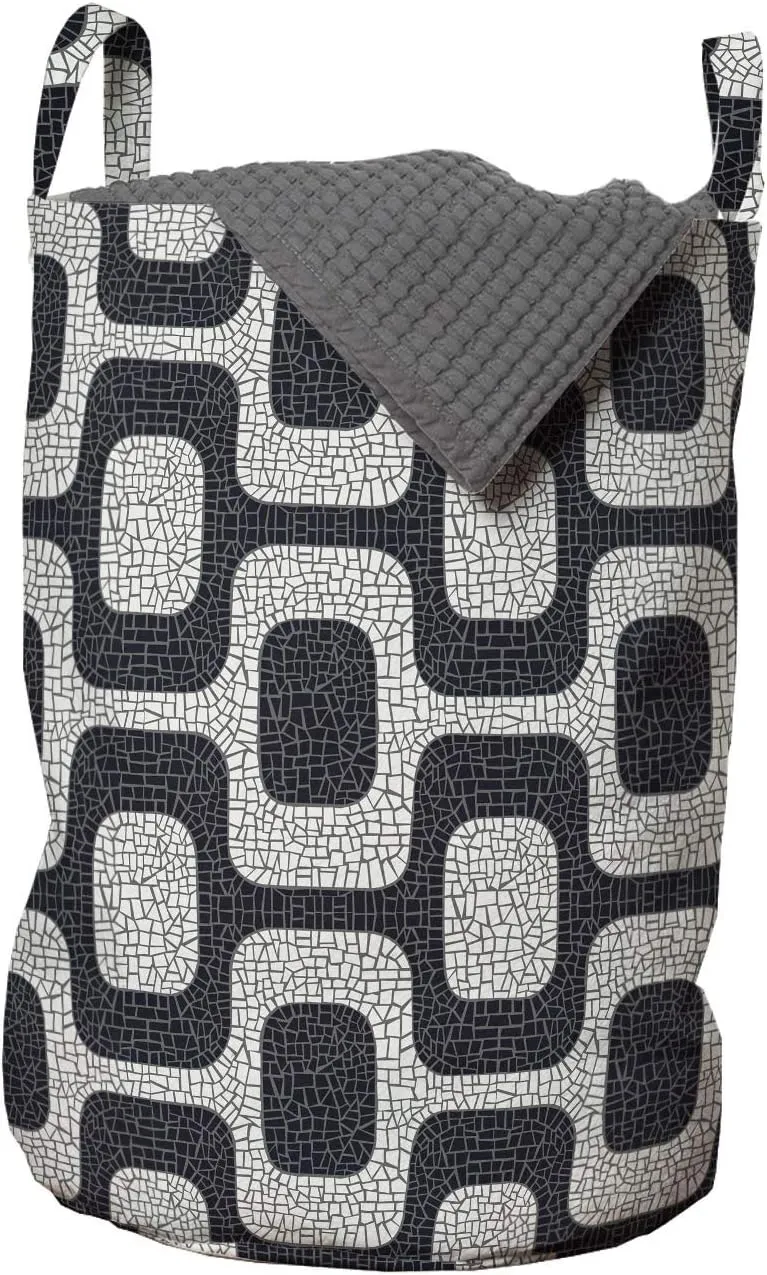 Ambesonne Abstract Laundry Bag, Modern White and Black Wave Pavement Pattern Fractal Looking Mosaic, Hamper Basket with Handles Drawstring Closure for Laundromats, 13" x 19", Black Pale Grey White
