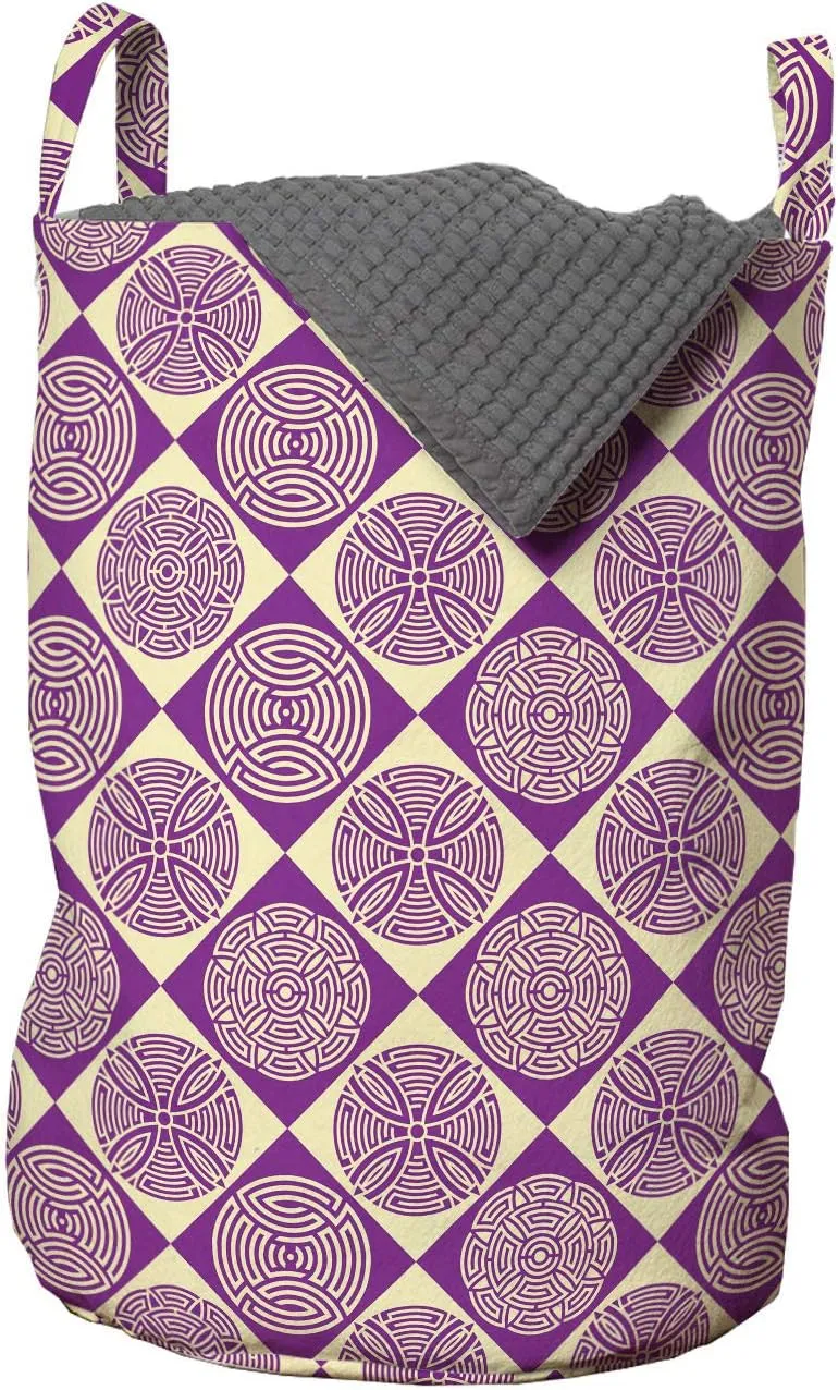 Ambesonne Abstract Laundry Bag, Ornamental Design of Round Motifs Placed in Rhombus Feels, Hamper Basket with Handles Drawstring Closure for Laundromats, 13" x 19", Pale Yellow Purple