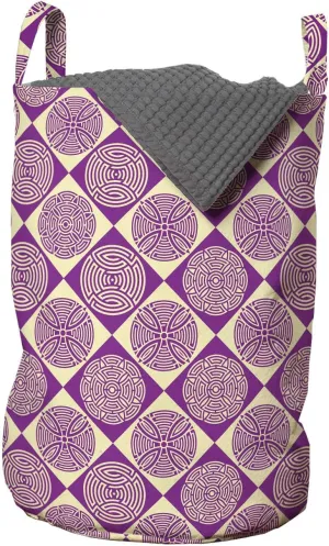 Ambesonne Abstract Laundry Bag, Ornamental Design of Round Motifs Placed in Rhombus Feels, Hamper Basket with Handles Drawstring Closure for Laundromats, 13" x 19", Pale Yellow Purple