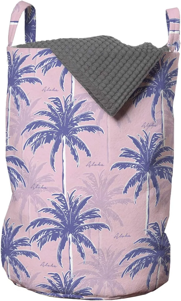 Ambesonne Exotic Laundry Bag, Rhythmic Abstract Palm Leaves and Aloha in Pastel Summer Tones Illustration, Hamper Basket with Handles Drawstring Closure for Laundromats, 13" x 19", Rose and Multicolor