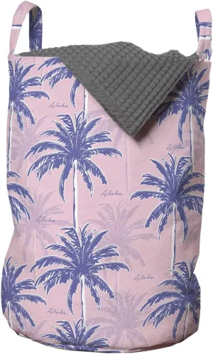 Ambesonne Exotic Laundry Bag, Rhythmic Abstract Palm Leaves and Aloha in Pastel Summer Tones Illustration, Hamper Basket with Handles Drawstring Closure for Laundromats, 13" x 19", Rose and Multicolor