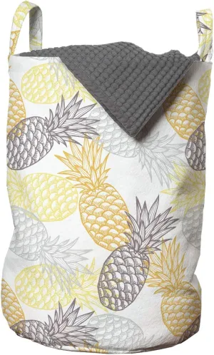 Ambesonne Fruits Laundry Bag, Soft Toned Exotic Pineapple Tropical Diet Food Illustration, Hamper Basket with Handles Drawstring Closure for Laundromats, 13" x 19", Marigold Dimgray