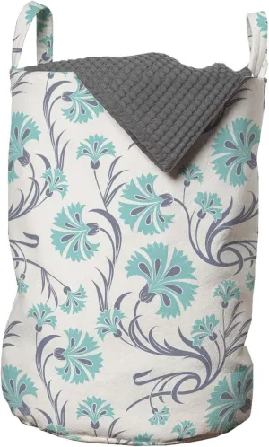 Ambesonne Oriental Laundry Bag, Ornamental Ethnic Ottoman Art Style Carnation Bouquets Bohemian, Hamper Basket with Handles Drawstring Closure for Laundromats, 13" x 19", Seafoam Purpleblue and Ivory