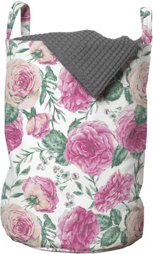 Ambesonne Vintage Rose Laundry Bag, Rhythmic Watercolor Look Flowers Leaves Print, Hamper Basket with Handles Drawstring Closure for Laundromats, 13" x 19", Multicolor