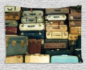 Ambesonne Vintage Tapestry, Colorful Vintage Suitcase Antique Leather Travel Map Nostalgia Themed Print, Wide Wall Hanging for Bedroom Living Room Dorm, 80" X 60", Brown Cream