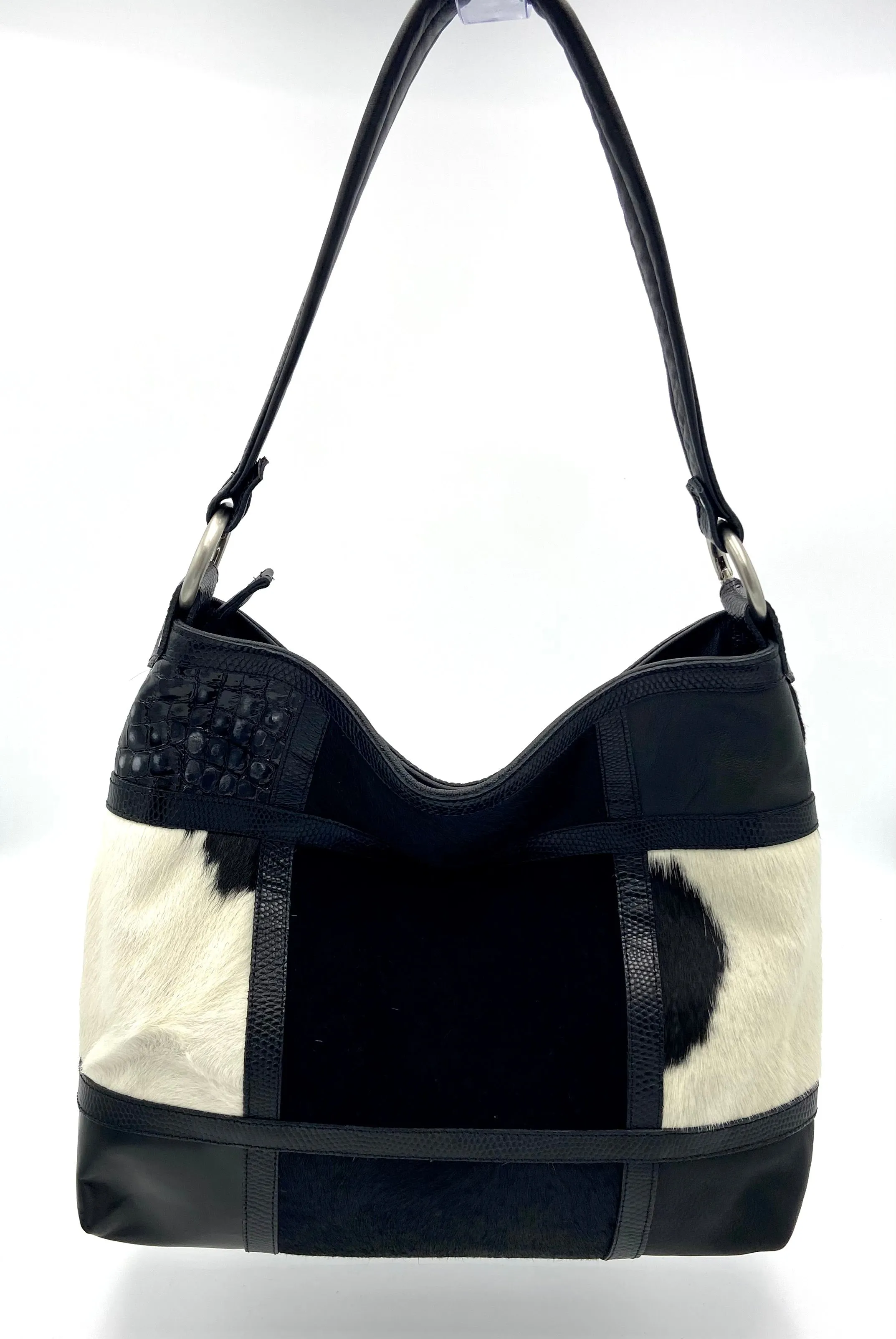 Amelia Cowhide Patchwork Hobo Bag Black