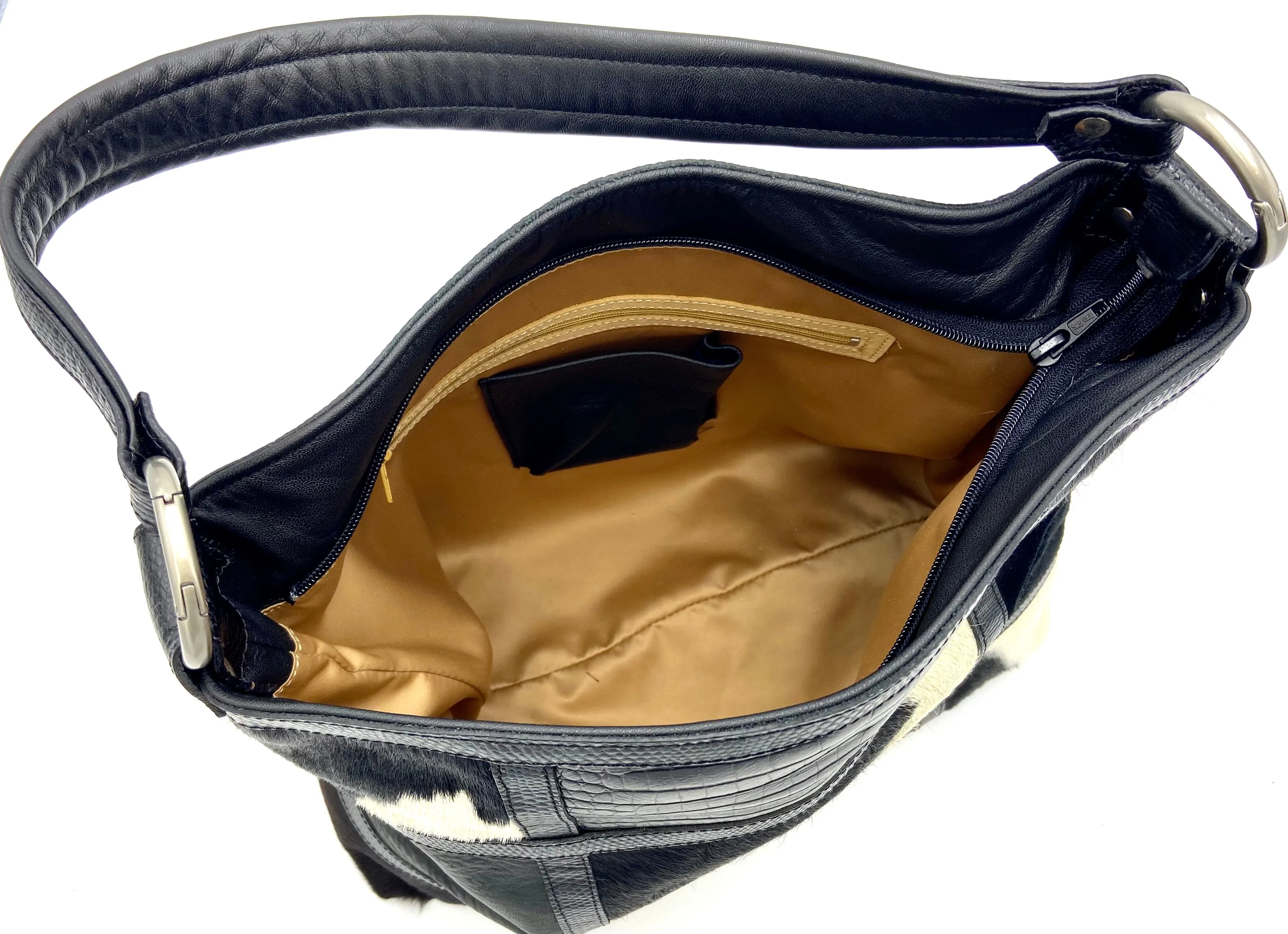 Amelia Cowhide Patchwork Hobo Bag Black