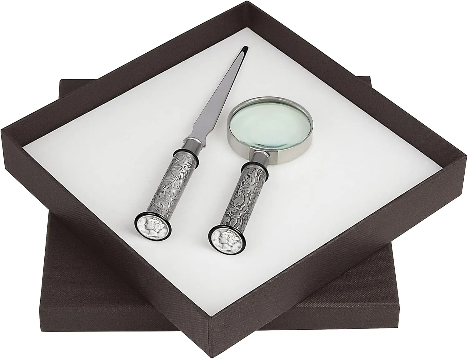 American Coin Treasures Coin Letter Opener & Magnifying Glass Mercury Dime- Antiqued Silvertone Brass Handle Gift Set-Genuine United States Coin