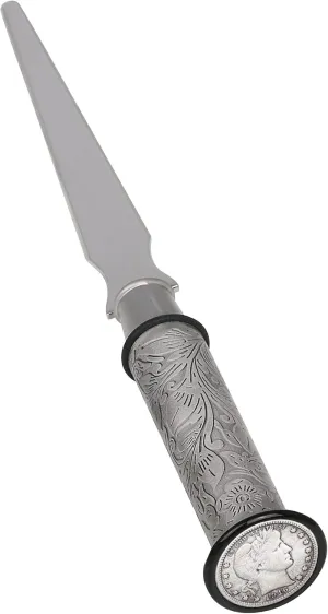 American Coin Treasures Coin Letter Opener Barber Dime- Antiqued Silvertone Brass Handle-Genuine United States Coin