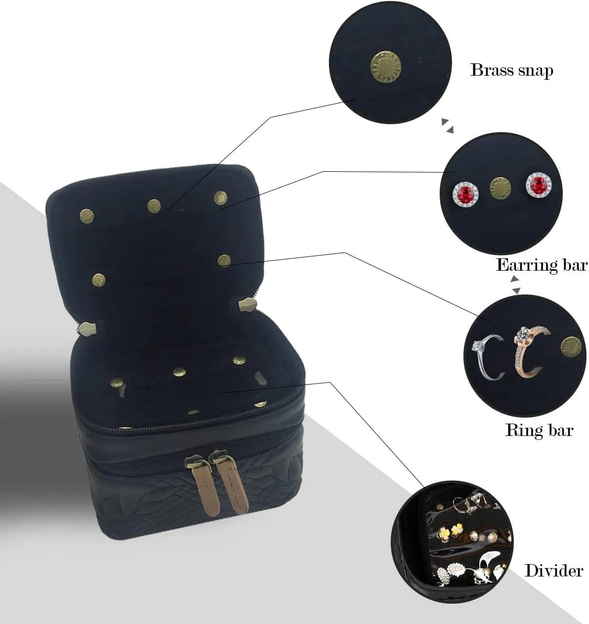 Angelina's Palace Jewelry Organizer Boxes for Women Girls,Eiger Small Travel Jewelry Case Storage Bag with Detachable Necklace Earring Bracelet Ring Pouches（Memory Black）