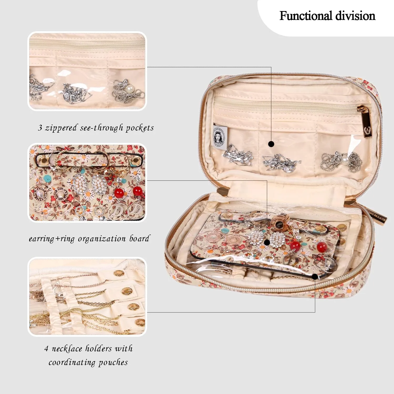 Angelina's Palace Small Waterproof Jewelry Organizer Case Vegan Leather Travel Storage Bag Bridesmaid Gifts for Necklace Earring Bracelet Ring(blossom tan)