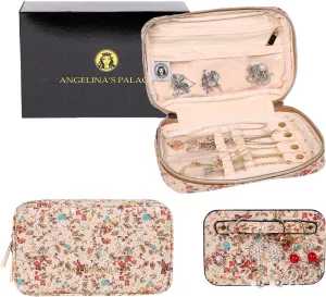 Angelina's Palace Small Waterproof Jewelry Organizer Case Vegan Leather Travel Storage Bag Bridesmaid Gifts for Necklace Earring Bracelet Ring(blossom tan)