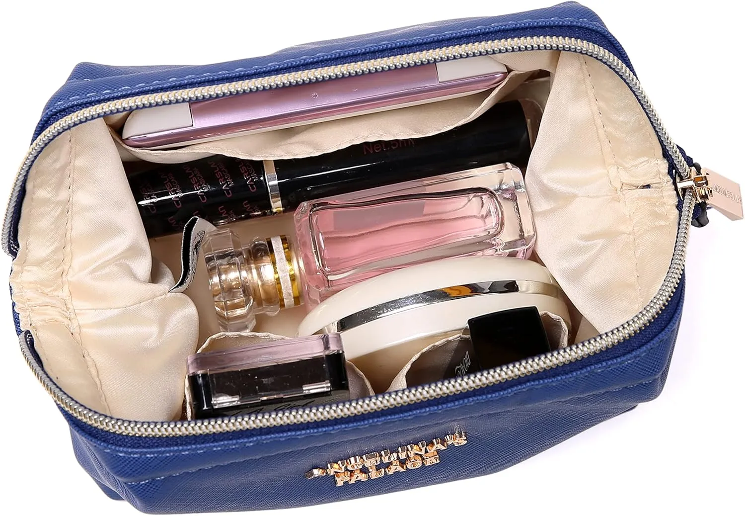 Angelina's Palace Vegan Leather Waterproof Travel Cosmetic Bag Toiletry Organizer Makeup Pouches(dark chambray)