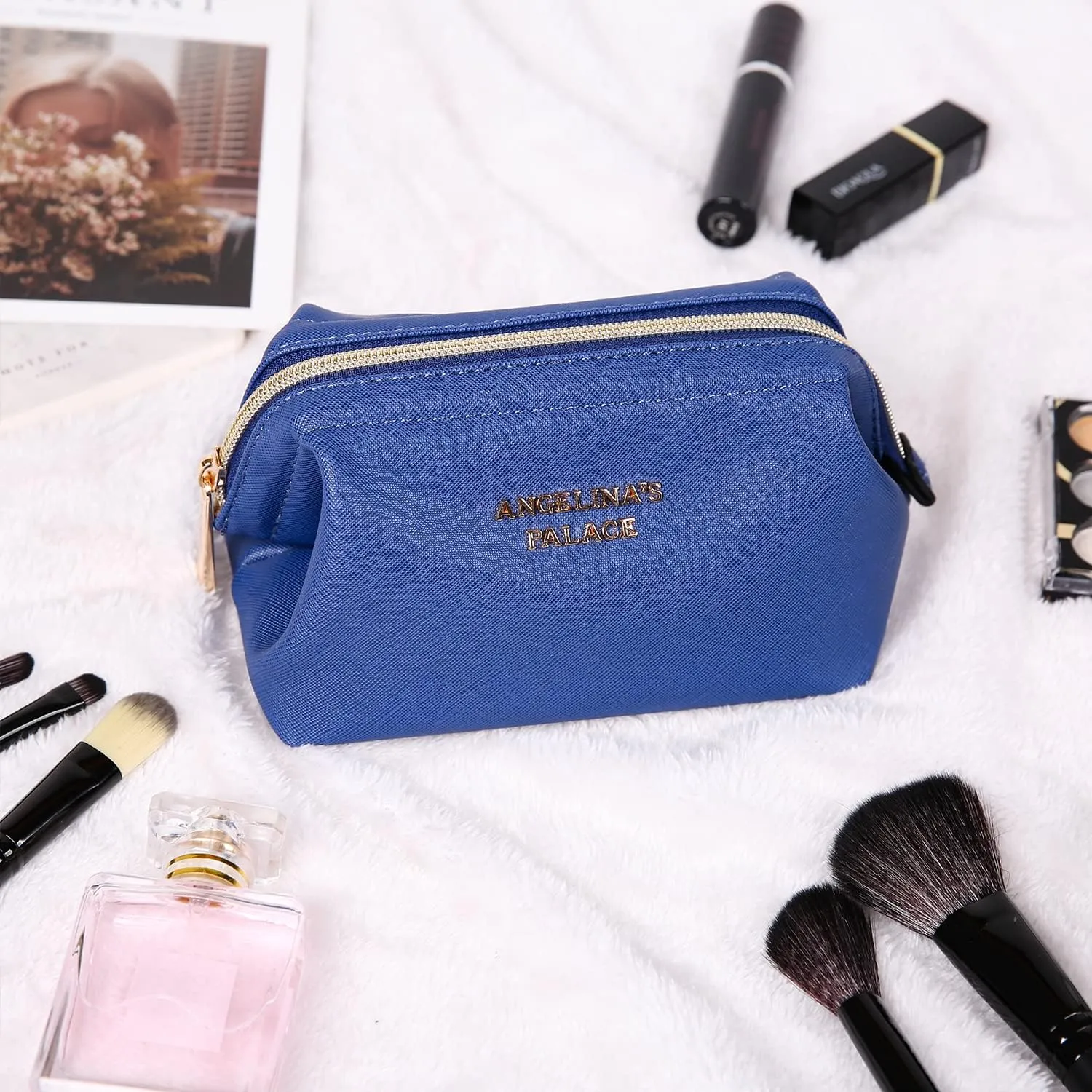 Angelina's Palace Vegan Leather Waterproof Travel Cosmetic Bag Toiletry Organizer Makeup Pouches(dark chambray)