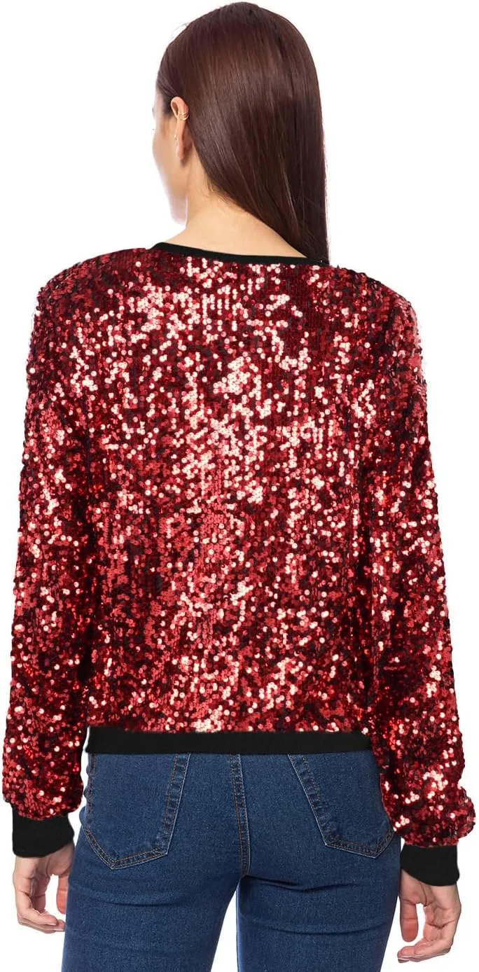 Anna-Kaci Women's Glitter Sequin Sweatshirt Long Sleeve Pullover Tops with Ribbed Cuffs