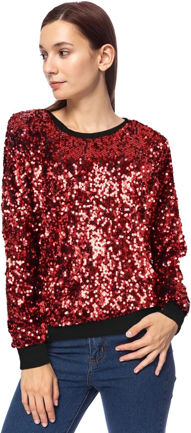 Anna-Kaci Women's Glitter Sequin Sweatshirt Long Sleeve Pullover Tops with Ribbed Cuffs