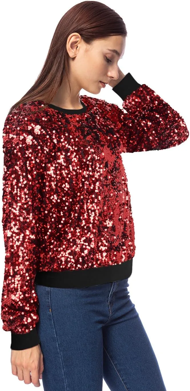 Anna-Kaci Women's Glitter Sequin Sweatshirt Long Sleeve Pullover Tops with Ribbed Cuffs