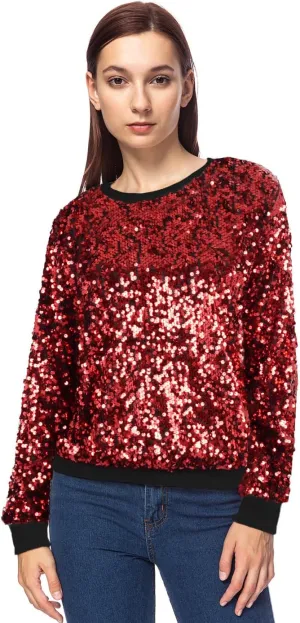 Anna-Kaci Women's Glitter Sequin Sweatshirt Long Sleeve Pullover Tops with Ribbed Cuffs