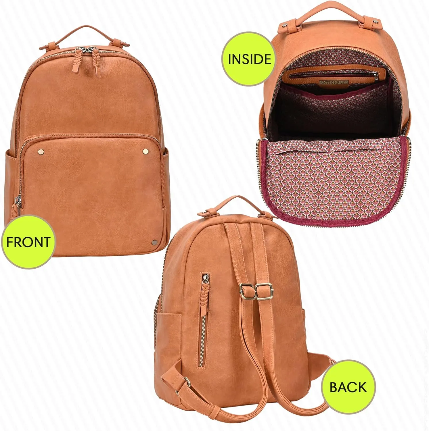Antik Kraft Jenny Backpack (Tan) | Vegan Leather Backpack for Women with Padded Laptop Sleeve | 13" L x 7" W x 15" H
