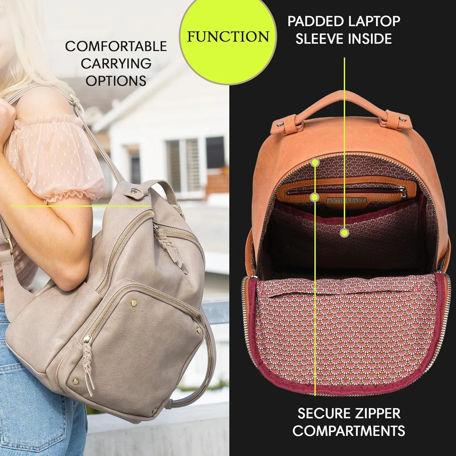 Antik Kraft Jenny Backpack (Tan) | Vegan Leather Backpack for Women with Padded Laptop Sleeve | 13" L x 7" W x 15" H