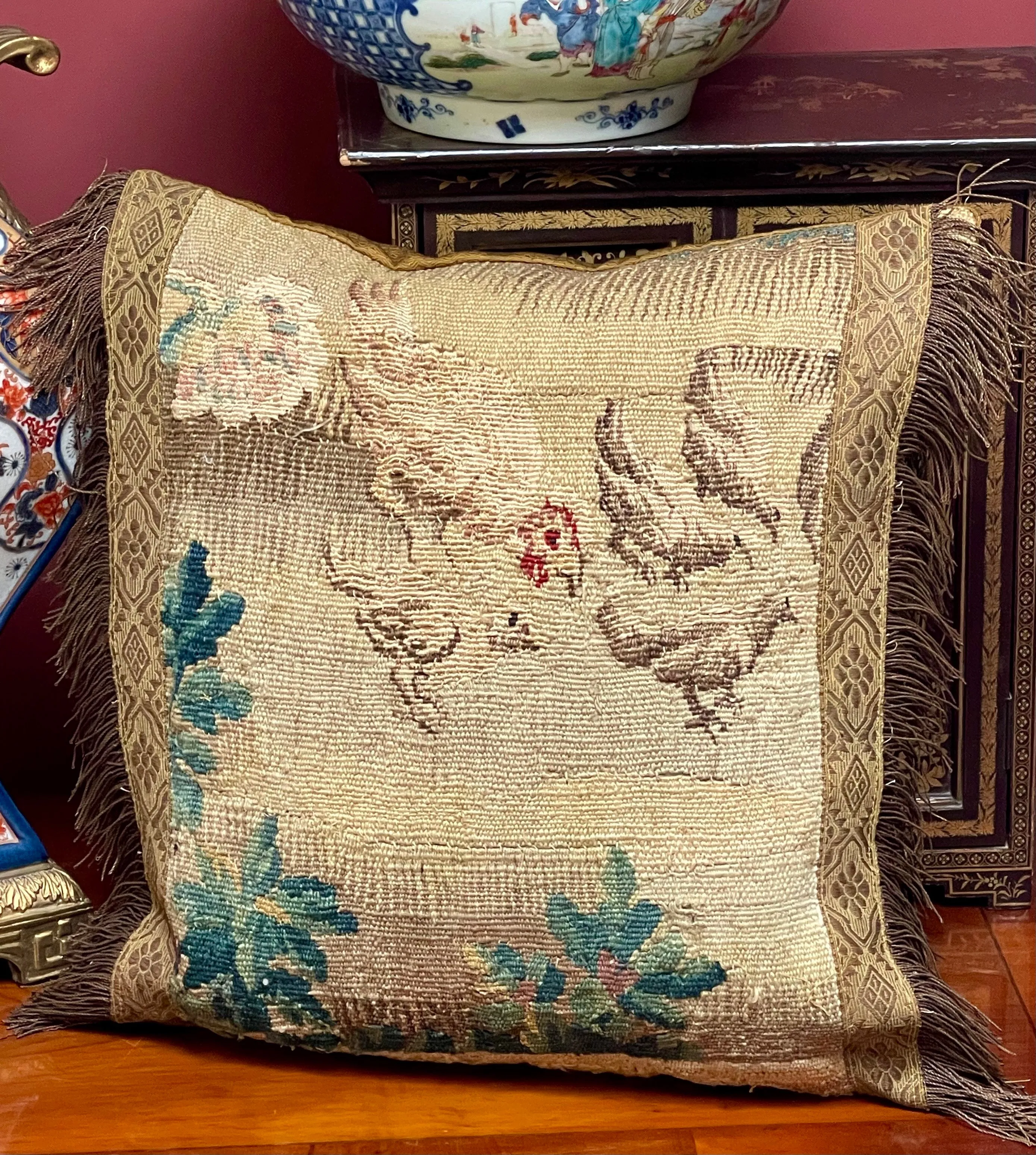 Antique Aubusson Tapestry Pillow CHICKENS