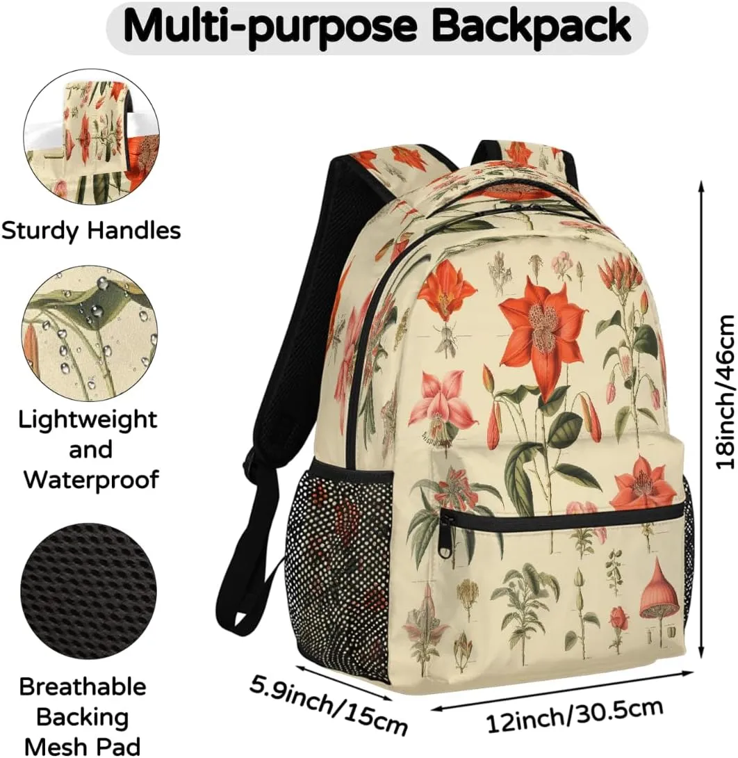 Antique Botanical Lithography Travel Backpack, Large 16 Inch Laptop Bookbag Lightweight Carry-On Bag for Business Travel & Hiking