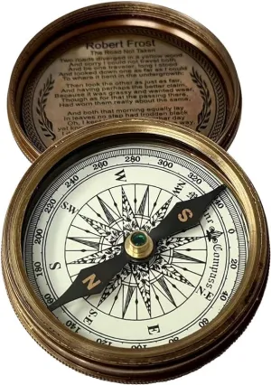 Antique Brass Compass 3 Inch Robert Frost Poem Engraved Pocket Compass for Hiking Travelling Camping & Navigation Tool