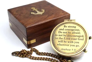 Antique Brass Compass with Engraved Scripture Be Strong and Courageous, Do Not Be Afraid Nautical Gift with Wooden Case