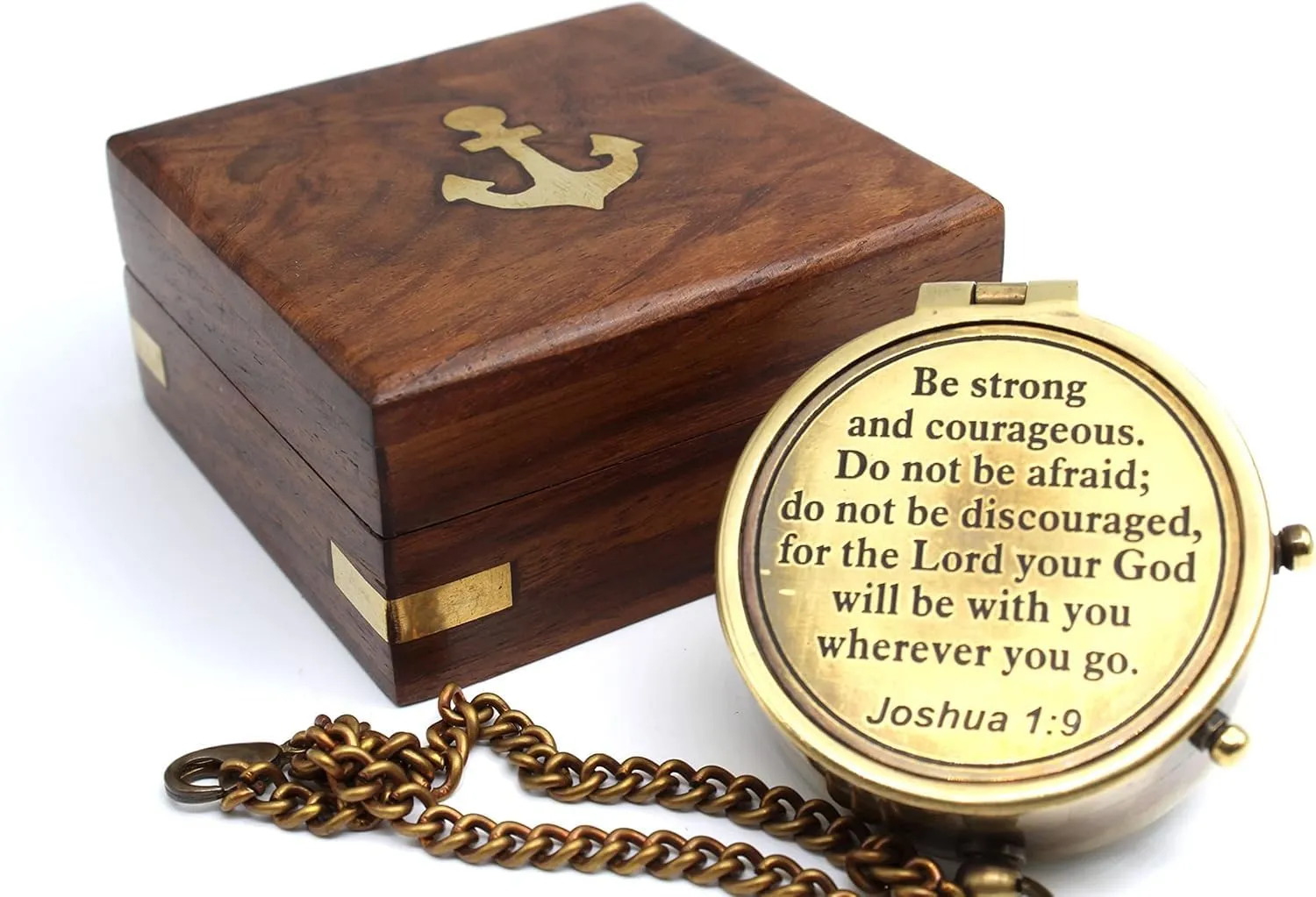 Antique Brass Compass with Engraved Scripture Be Strong and Courageous, Do Not Be Afraid Nautical Gift with Wooden Case
