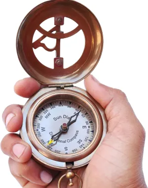 Antique Brass Sun Dial Pocket Compass | Vintage Magnetic Compass for Navigation | Portable Brass Compass for Hiking, Camping, and Collectibles