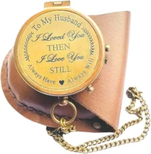 Antique Brass to My Husband Compass with Lather Case for Camping and Hiking Nautical Style Brass Handmade Pocket Style Compass Gift Item for Men