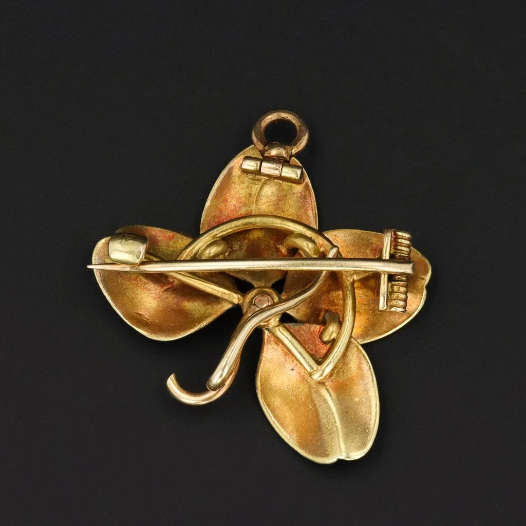 Antique Clover Brooch or Pendant | Black Enamel & Pearl Clover