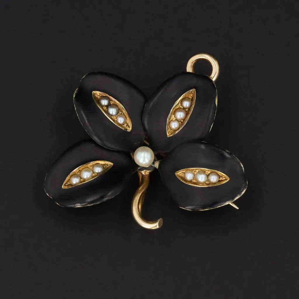 Antique Clover Brooch or Pendant | Black Enamel & Pearl Clover