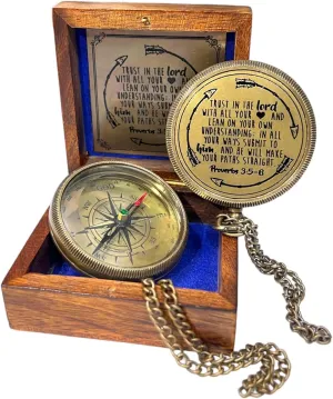 Antique Design Brass Navigational Compass with Wooden Box, Pirate Accessories & Baptism Gift for Boys, Travel and Collectors 2.25 Inches in Diameter