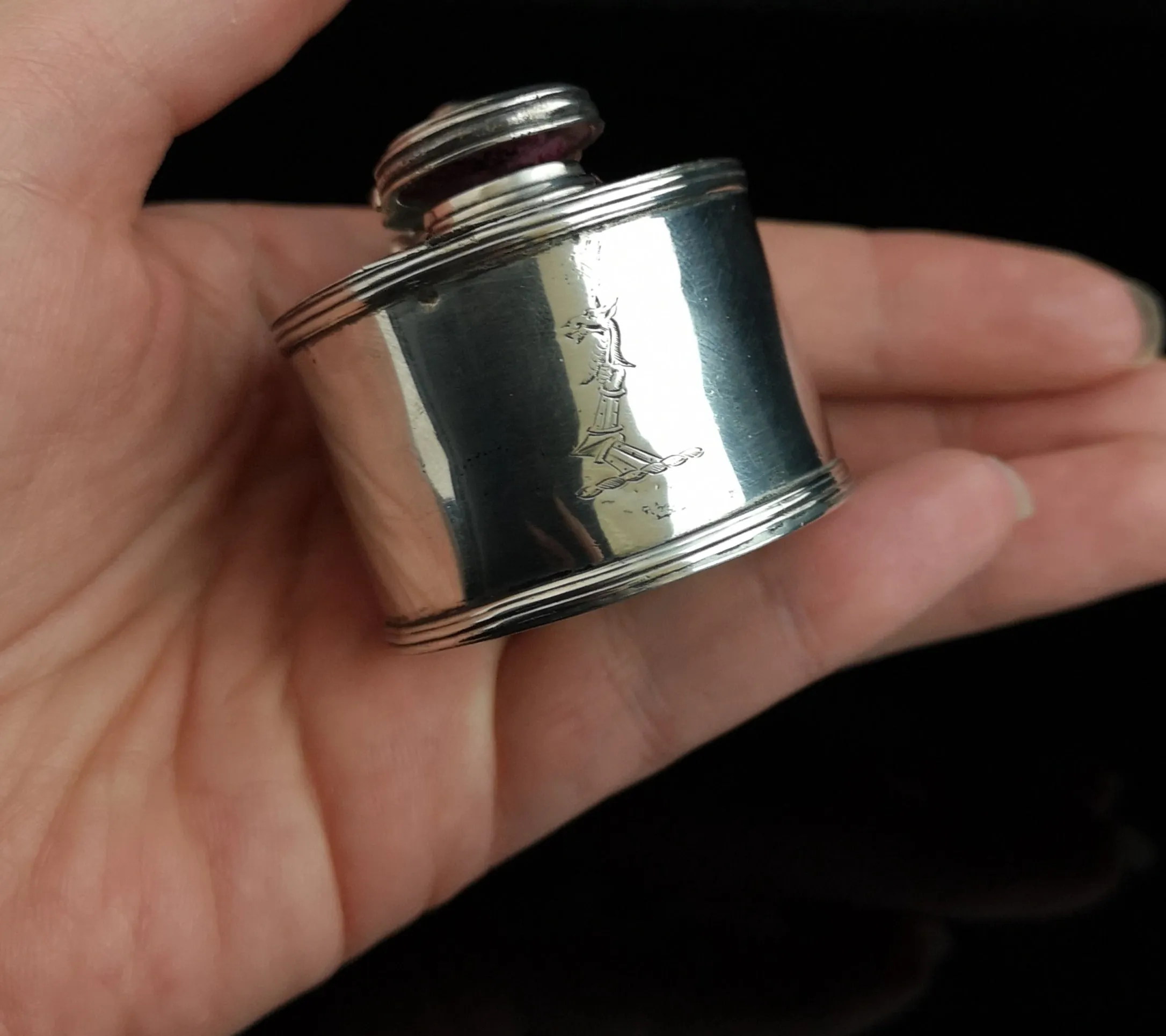Antique Georgian silver travel inkwell, heraldic