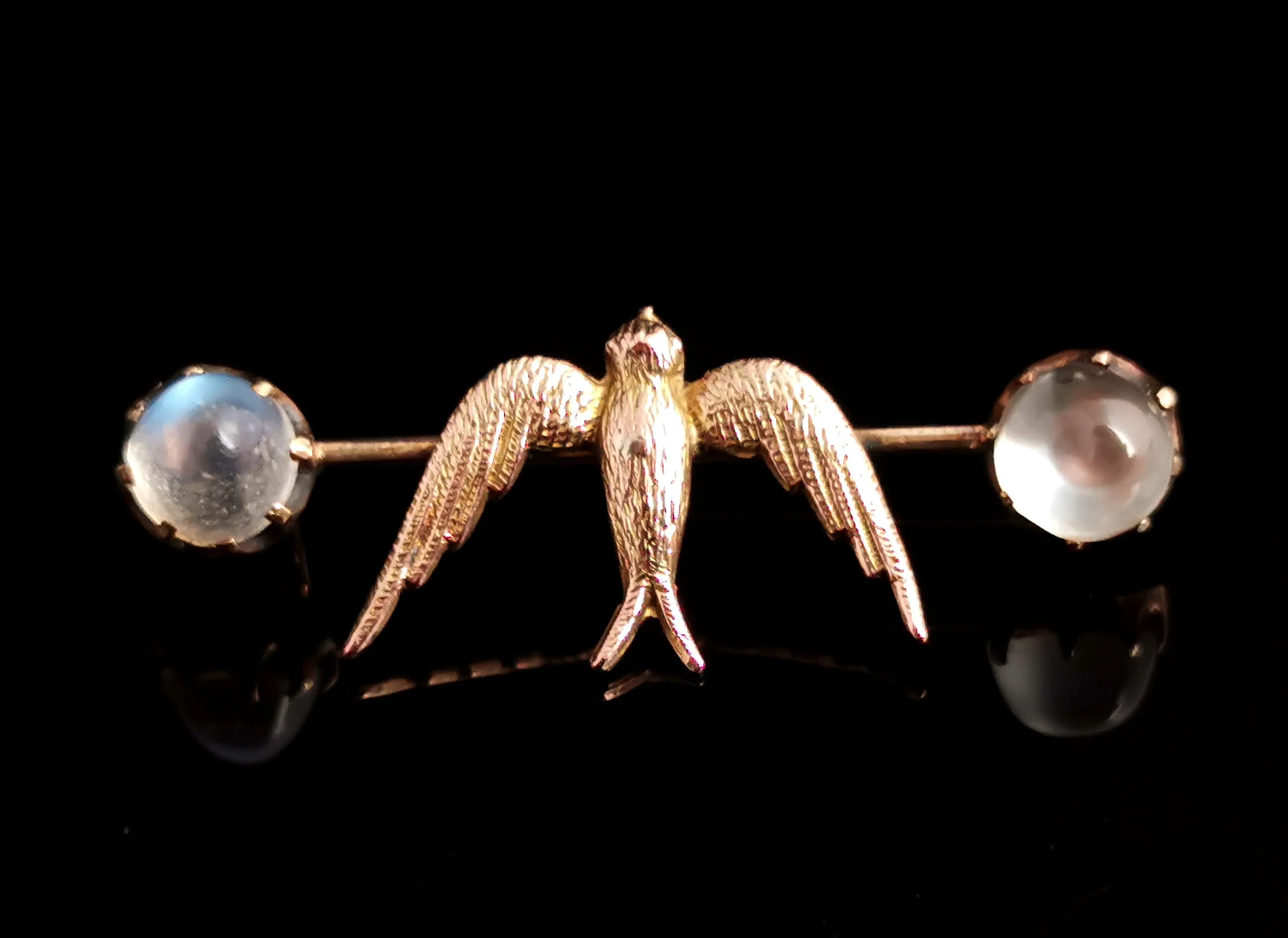 Antique Moonstone Swallow brooch, 12ct gold, Edwardian pin