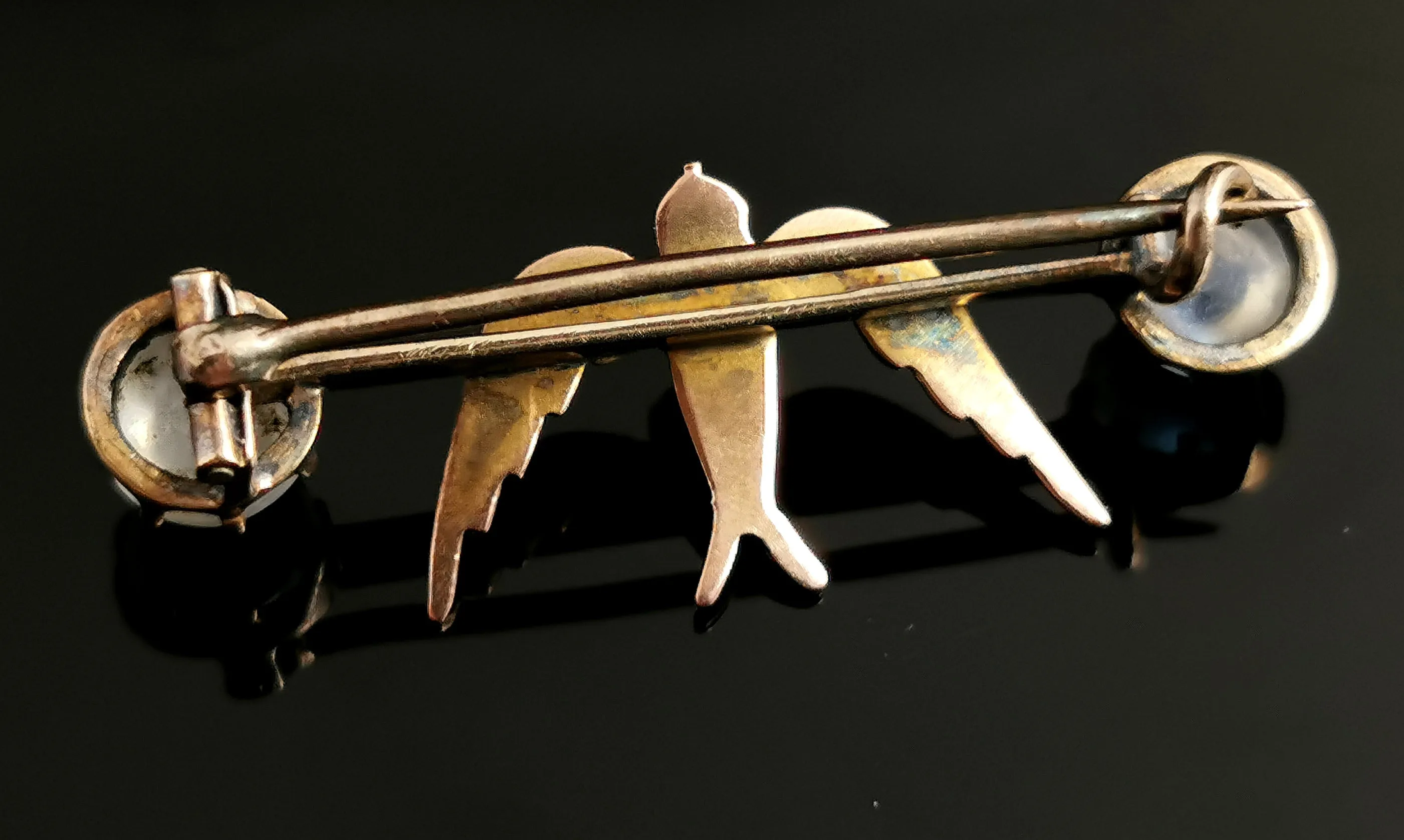 Antique Moonstone Swallow brooch, 12ct gold, Edwardian pin