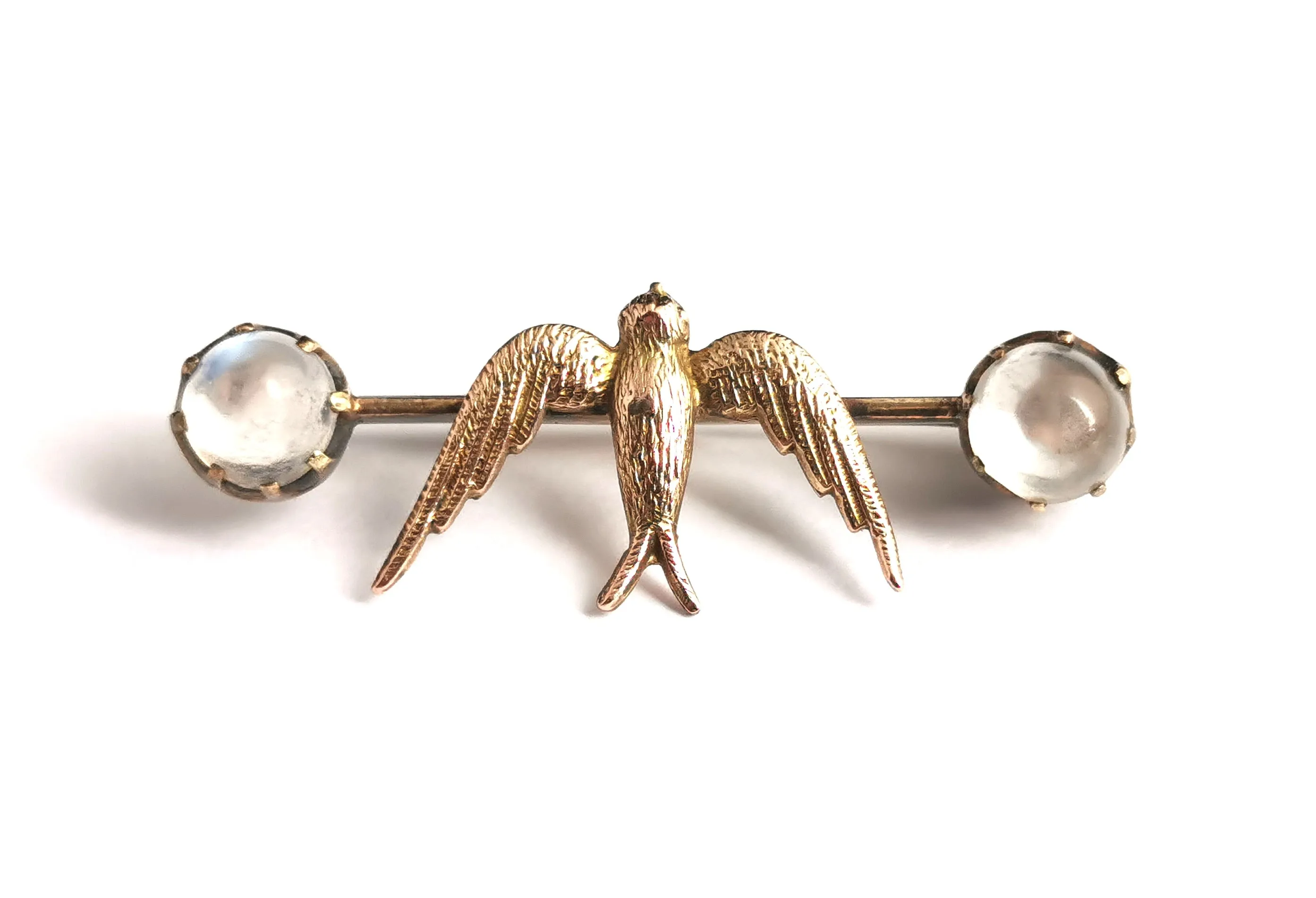 Antique Moonstone Swallow brooch, 12ct gold, Edwardian pin
