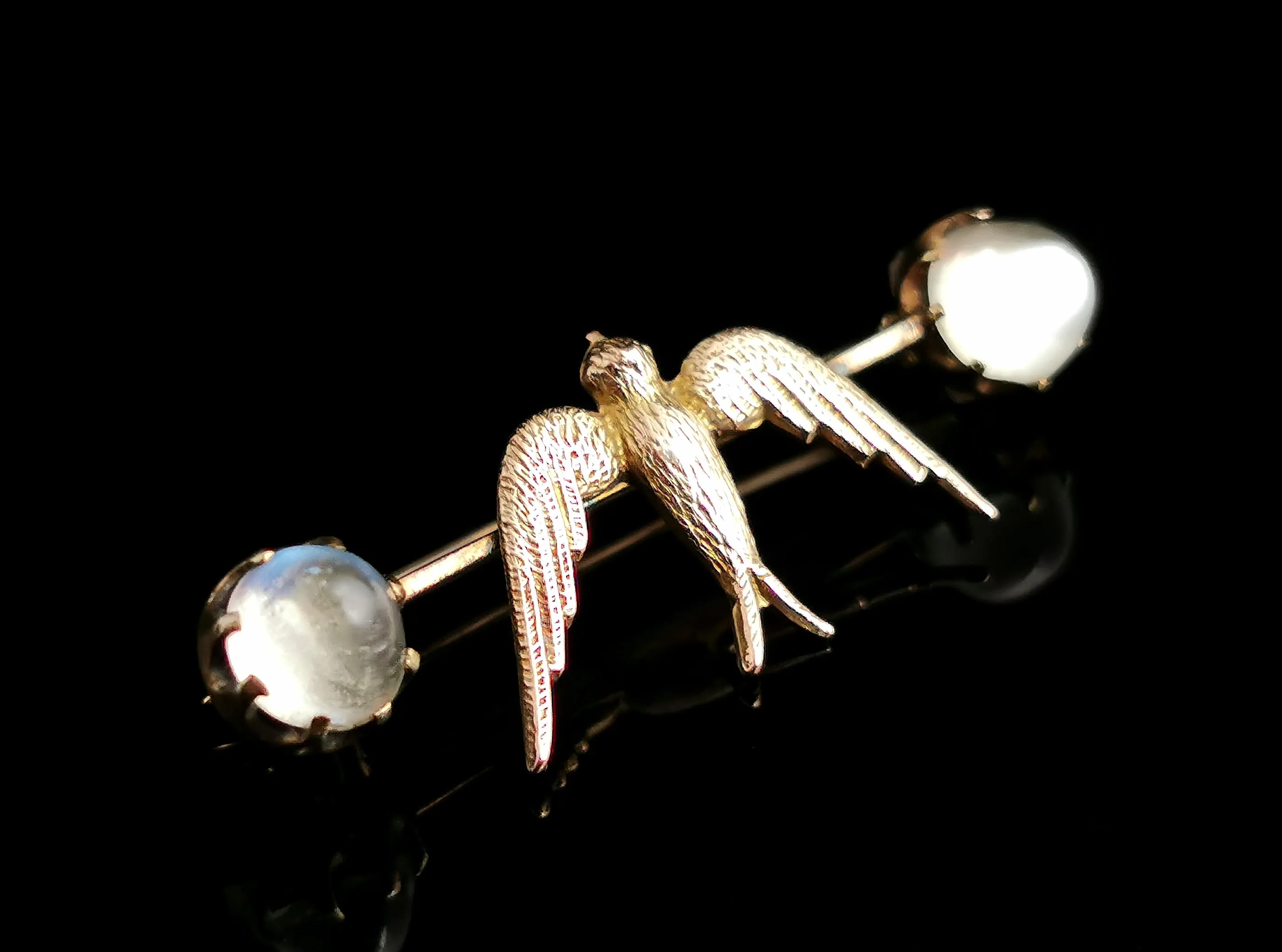 Antique Moonstone Swallow brooch, 12ct gold, Edwardian pin