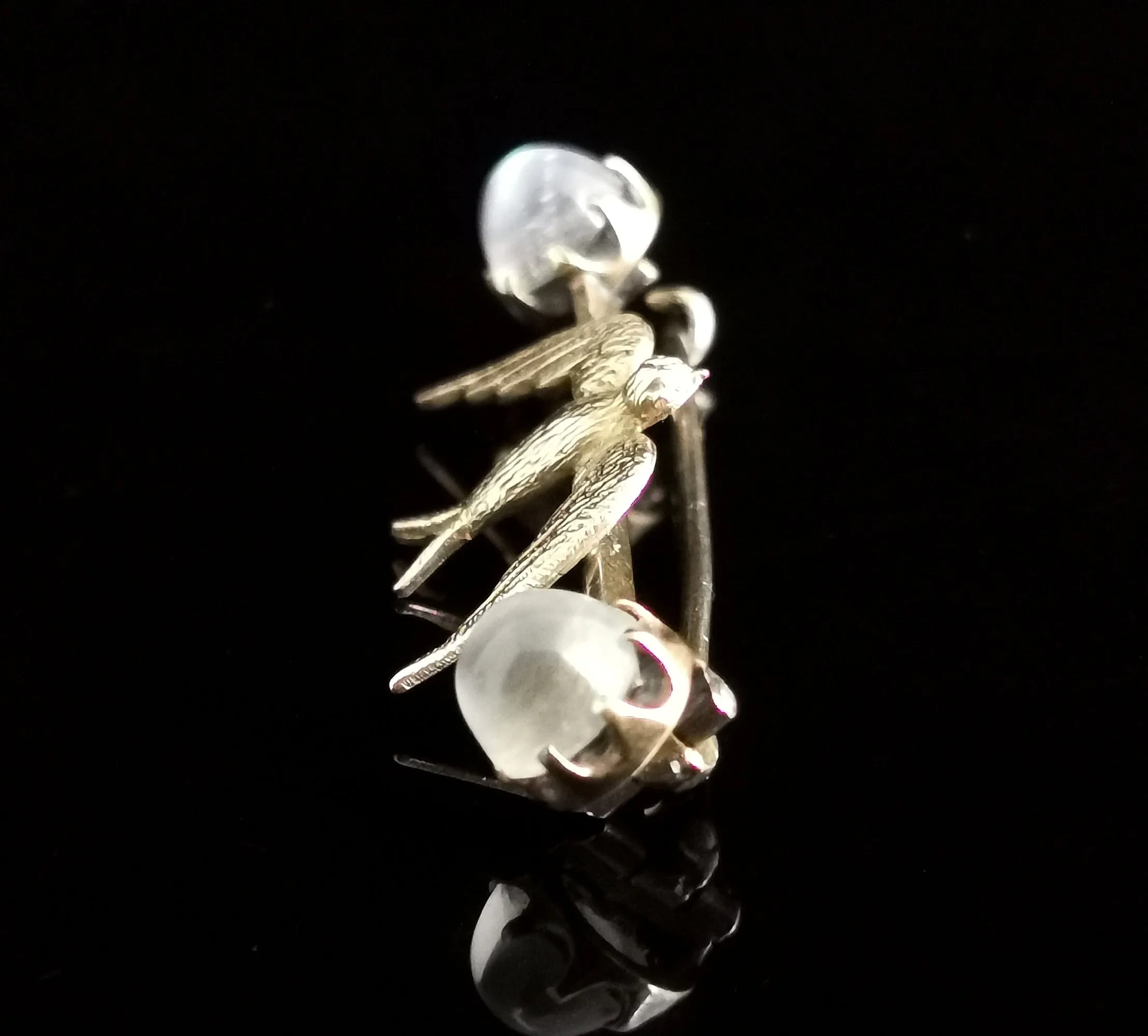 Antique Moonstone Swallow brooch, 12ct gold, Edwardian pin