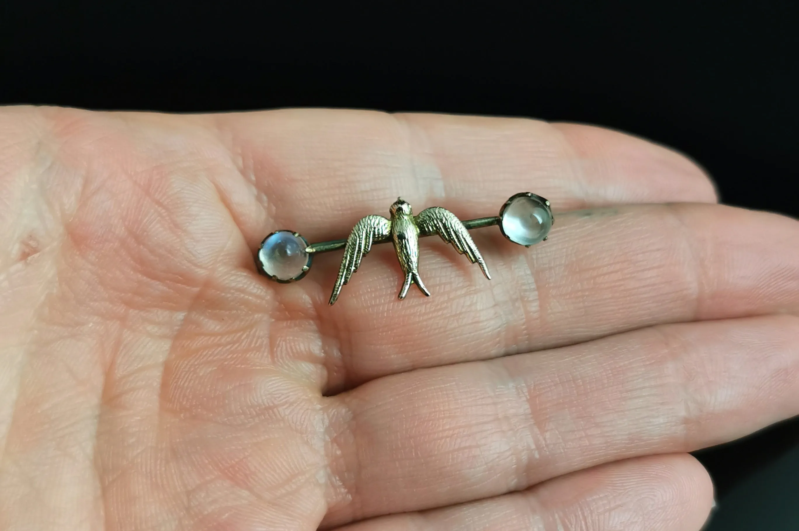 Antique Moonstone Swallow brooch, 12ct gold, Edwardian pin