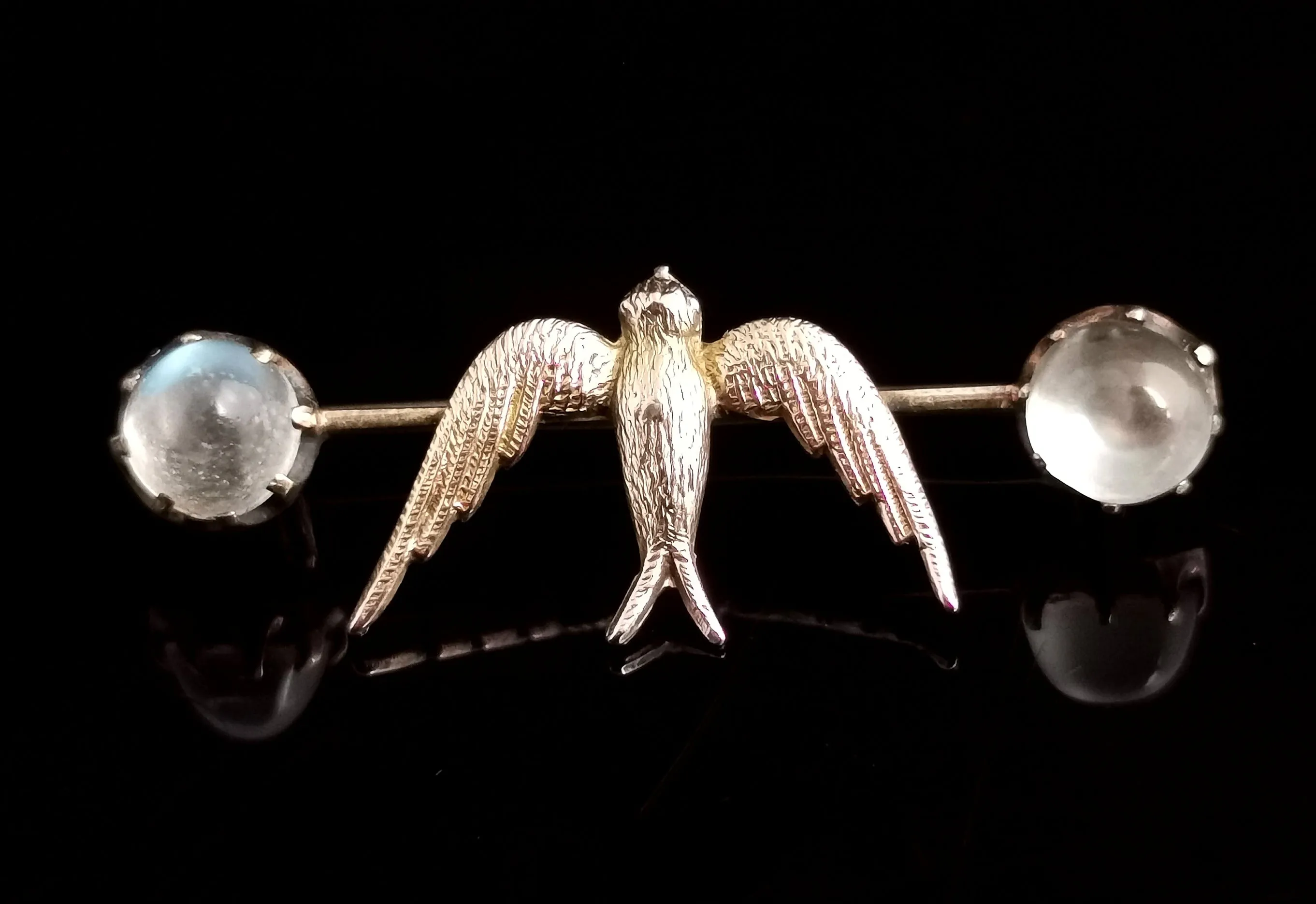 Antique Moonstone Swallow brooch, 12ct gold, Edwardian pin