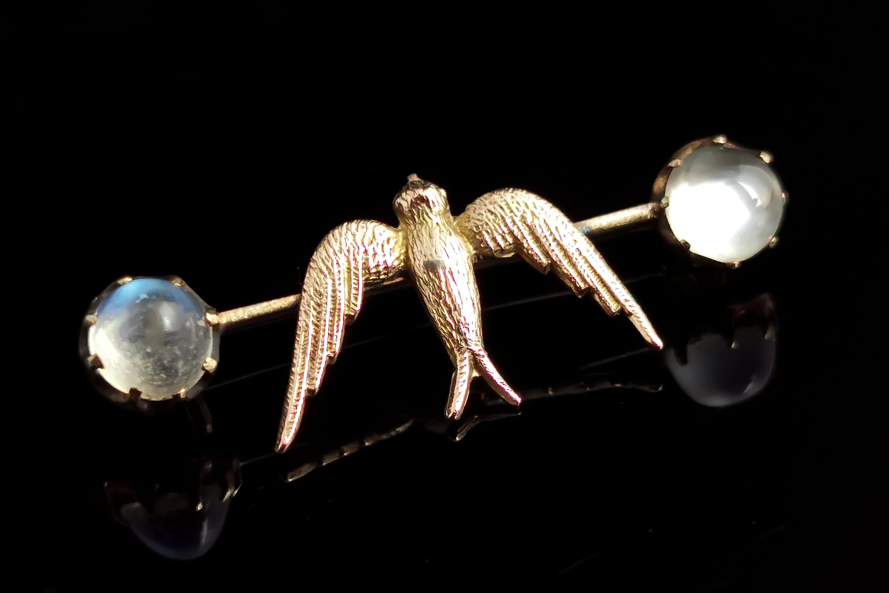 Antique Moonstone Swallow brooch, 12ct gold, Edwardian pin