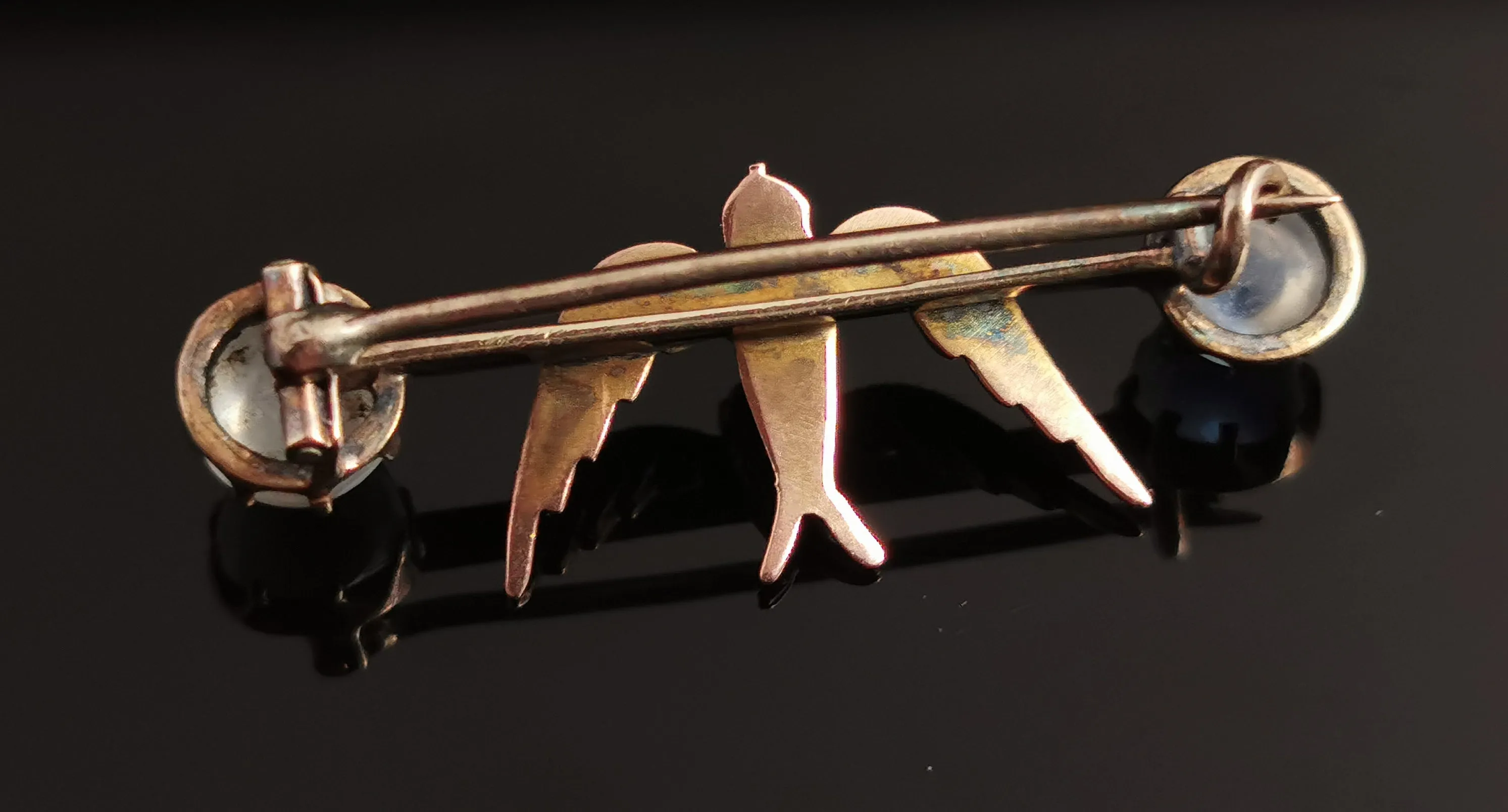 Antique Moonstone Swallow brooch, 12ct gold, Edwardian pin